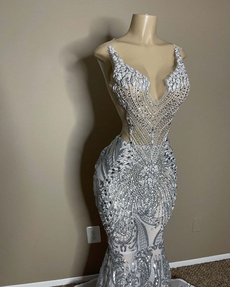 Crystal Beading Spaghetti Sequined Lace Prom Dress