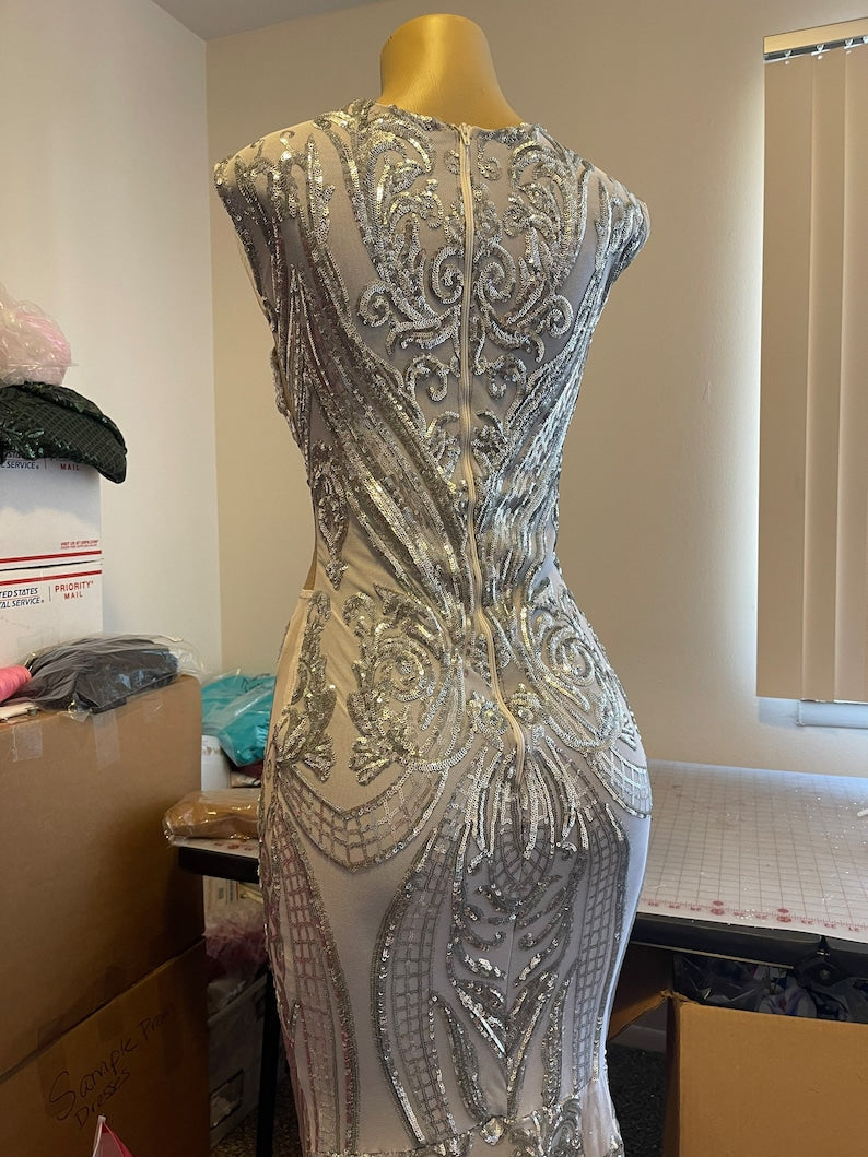 Crystal Beading Spaghetti Sequined Lace Prom Dress