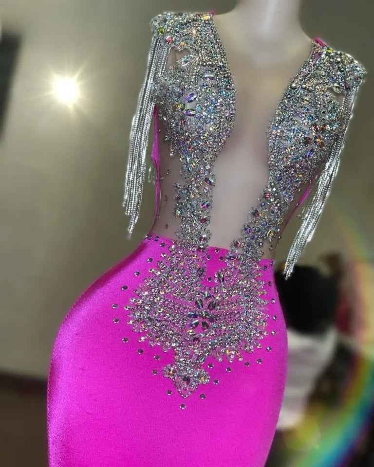 Crystal beading Fuchsia Mermaid Prom Dress