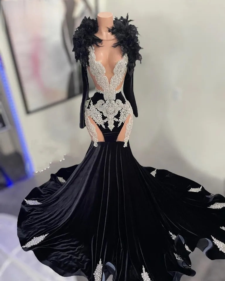 Crystal Beading Velvet Prom Dress