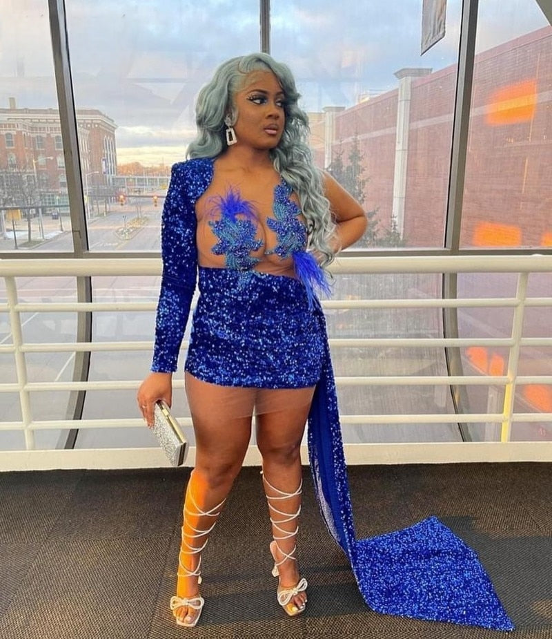 Blue Luxury Sheer Neck Feathers Birthday Dress