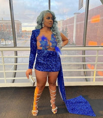 Blue Luxury Sheer Neck Feathers Birthday Dress