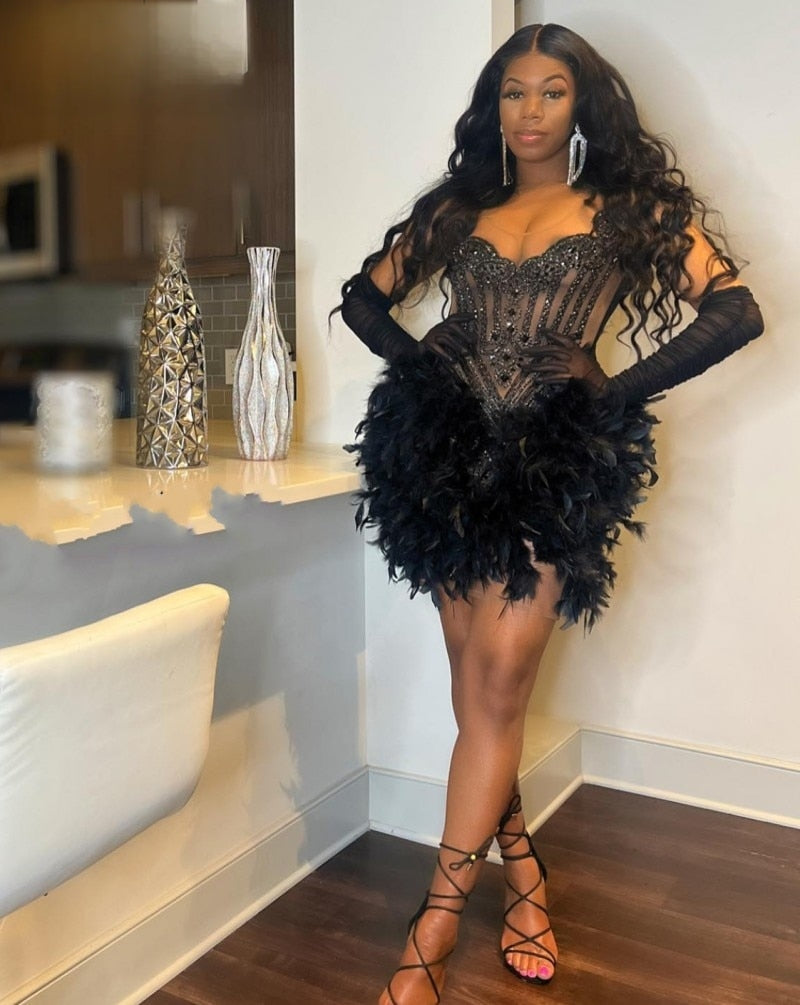 Black Sheer Neck Feathers Birthday Dress
