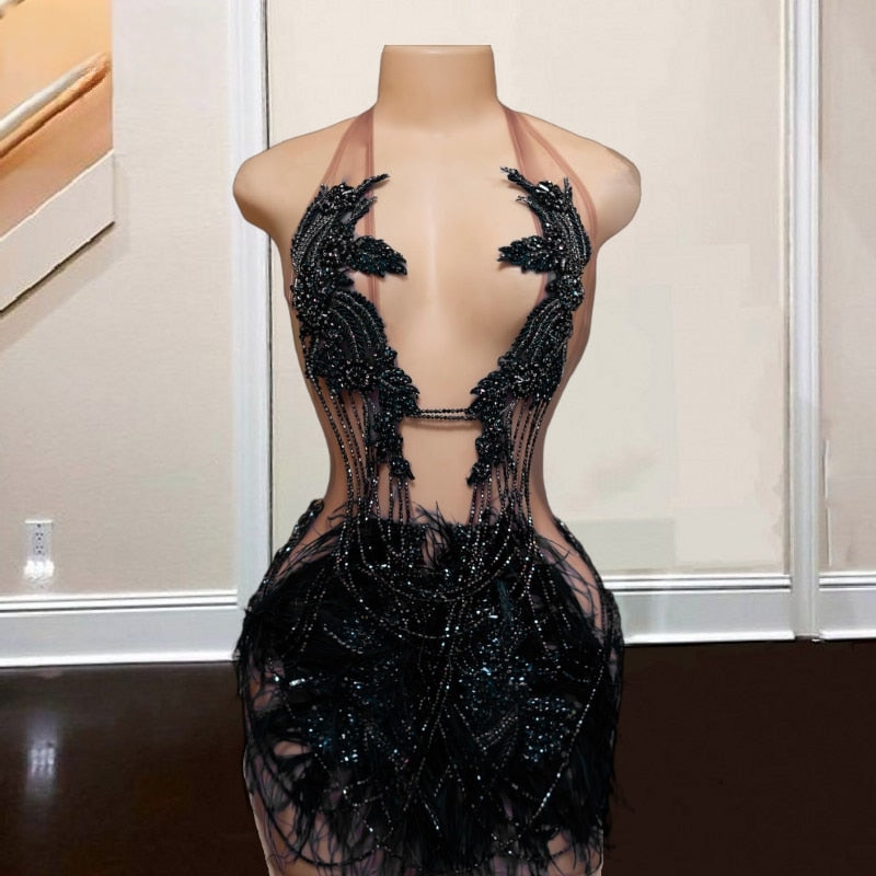 Crystal Feathers Sparkle Halter Birthday Dress